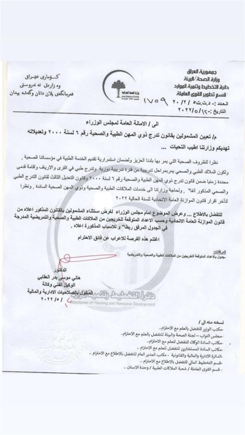 بالوثيقة..الصحة تخاطب الامانة العامة لتعيين المشمولين بقانون المهن الطبية