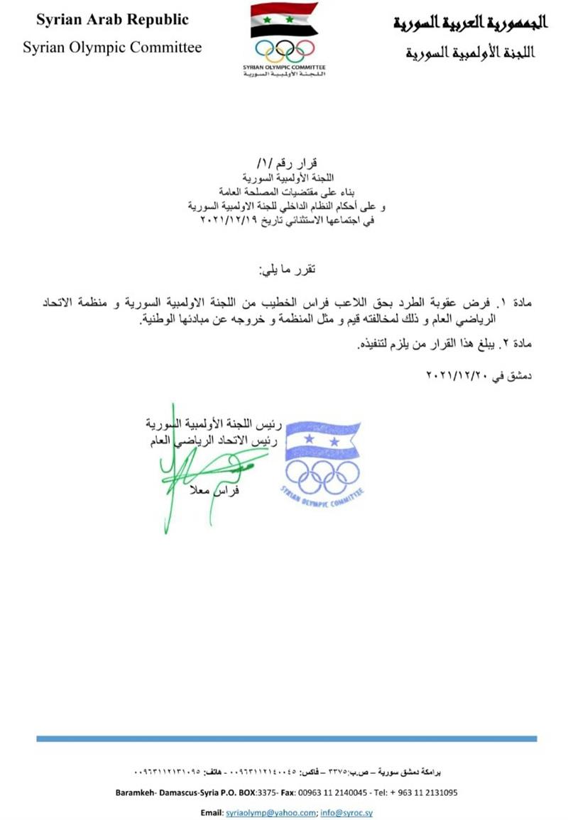 فراس الخطيب يتعرض للطرد من منظمات الرياضة الرسمية في سوريا بعد 