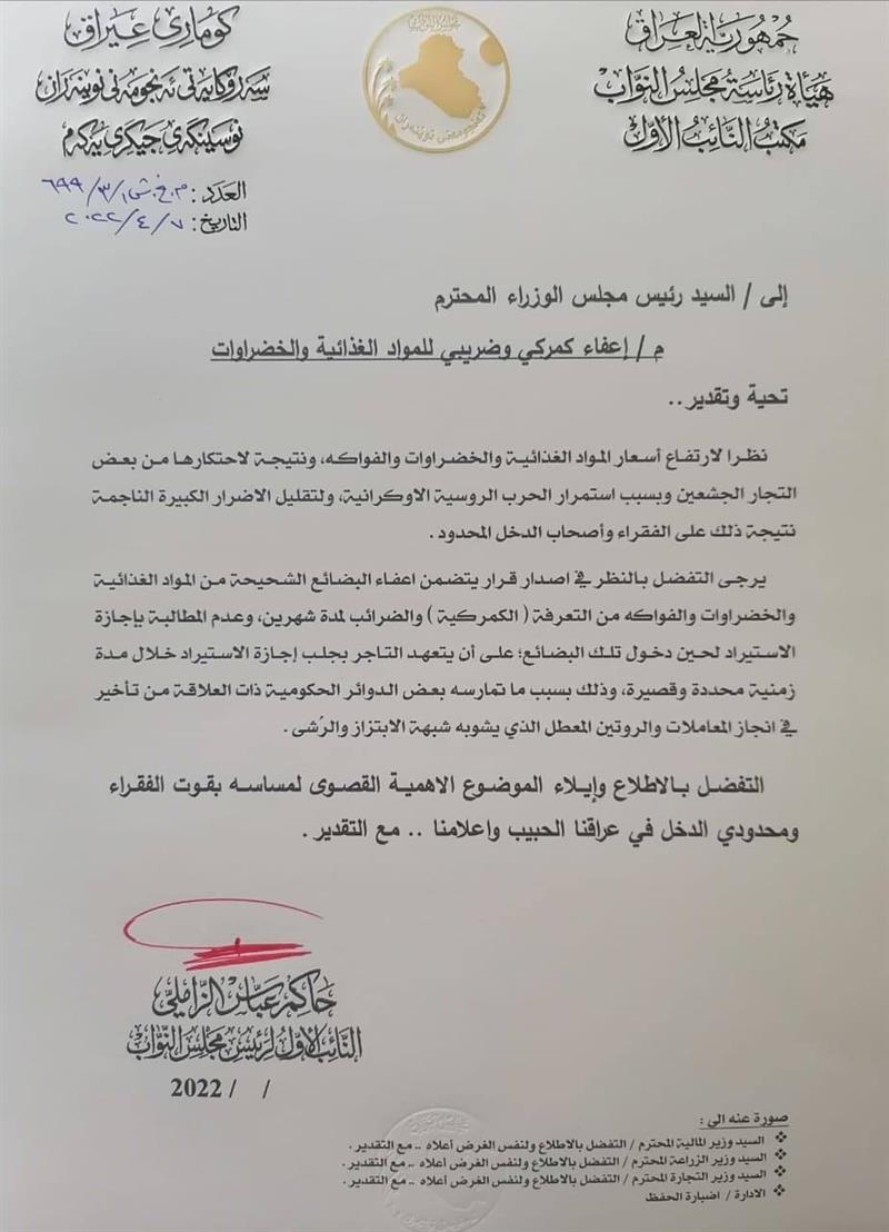 بالوثيقة.. الزاملي يطالب بإعفاء جمركي وضريبي للمواد الغذائية والخضروات والفواكه